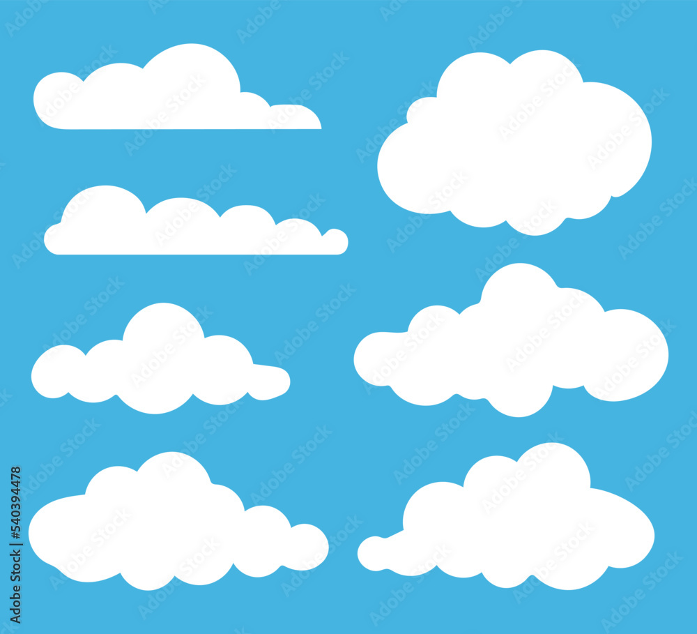 Cloud set. Abstract white cloudy set isolated on blue background. Vector illustration.