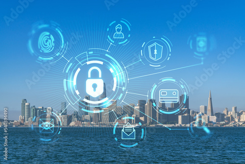 Panoramic city view of San Francisco skyline at sunrise from Treasure Island, California, United States. The concept of cyber security to protect confidential information, padlock hologram