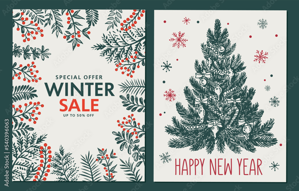 Naklejka premium Christmas tree, toys, hand drawn style, vector illustration