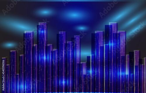 Technology building in the future. Urban vector cityscape at night. Skyline city silhouettes. City background with architecture  skyscrapers  megapolis  buildings  downtown. Futuristic night city.