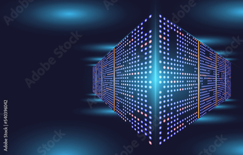 Technology data center abstract digital warehouse. Server room of clouds computing technology. Server farm communication with internet. Network connection and information exchange lights glow concept.