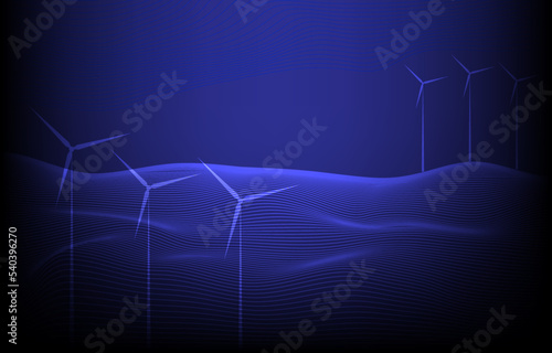 Technology windmill energy. The windmill line connection wireframe design. Abstract geometric line gradient blue background. Vector illustration. Futuristic glowing windmill farm on dark background.