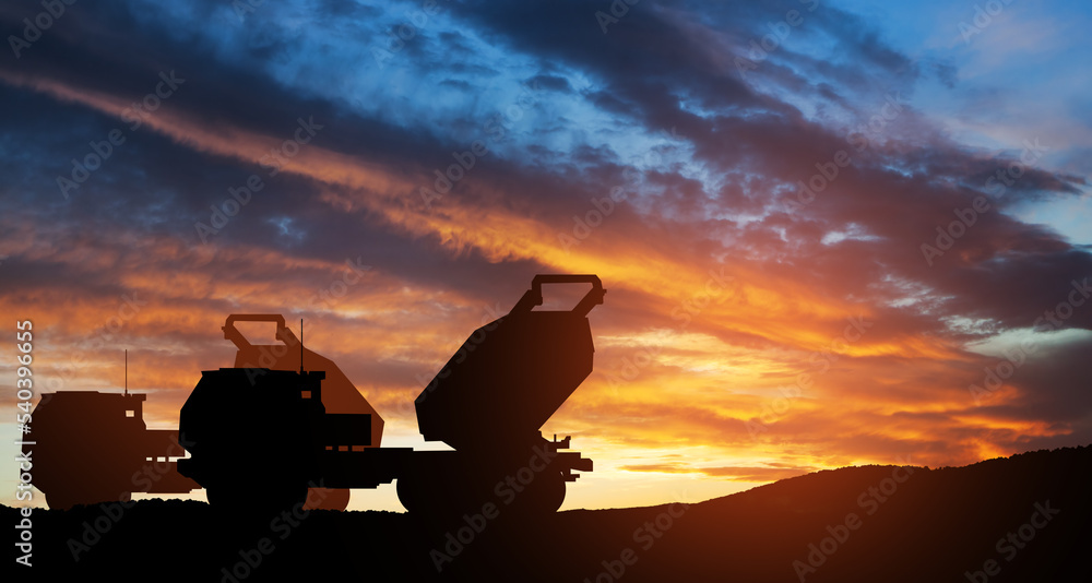 Artillery rocket system are aimed to the sky at sunset. Multiple launch rocket system. 3d-rendering. Artillery rocket system are aimed to the sky at sunset. Multiple launch rocket system. 3d-rendering.