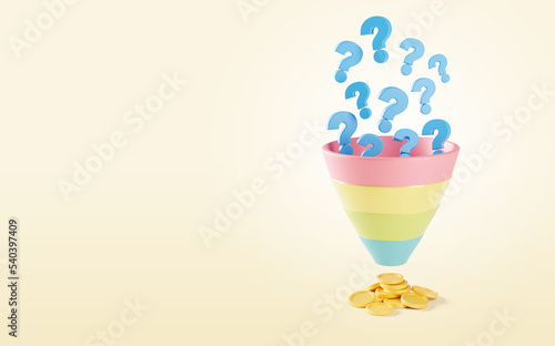 Question marks fall into the sales funnel as a symbol of a problem  and we receive coins as a symbol of profit. Copy space for text. 3d render