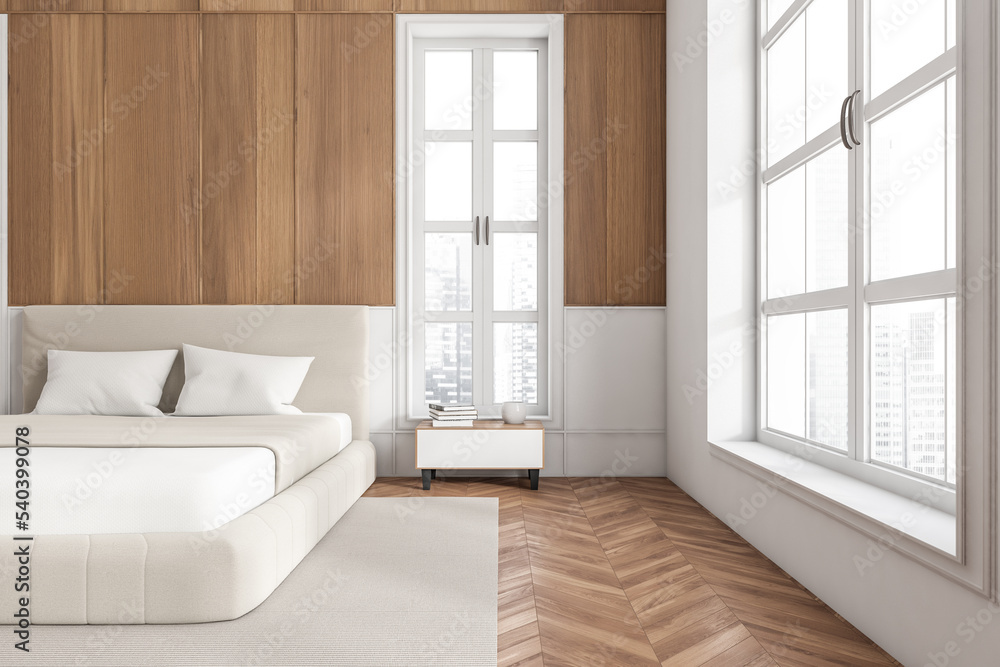Stylish bedroom interior with bed and nightstand, panoramic window