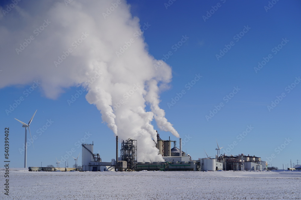 Ethanol plant pumping smog into the atmosphere. Ethanol plant pumping smog into the atmosphere.