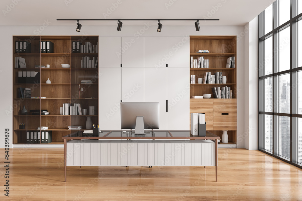 Light office interior with work desk and cabinet near panoramic window - obrazy, fototapety, plakaty 
