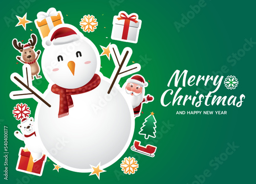 White bear and the gang with gift box in green background. Christmas greetings. Merry Christmas and happy New Year. Vector illustrator