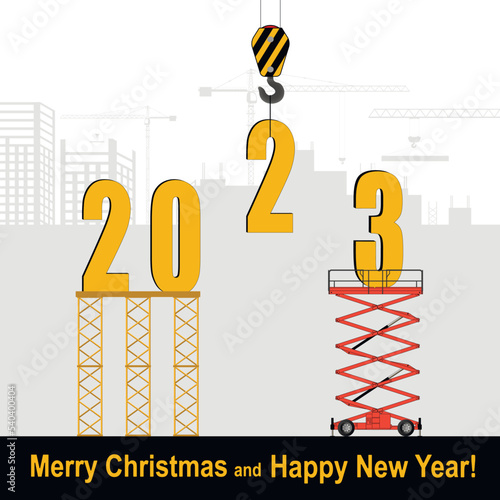 Installation of the symbol of 2023 in front of the construction site. Happy New Year and Christmas concept.