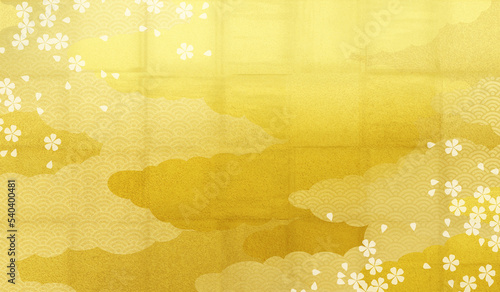金箔と雲と桜の花の抽象的な和風なイラスト背景