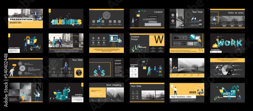 Graphic Design Project Presentation, powerpoint. Infographic Slide Template. For use in Flyer, SEO. Webinar Landing Page Template, Website Design, Banner. A team of people creates a business, teamwork