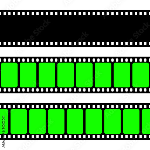 Realistic blank film strip, camera roll. Old retro cinema movie strip with green chroma key background. Analog video recording and photography. Visual effects compositing. Vector illustration