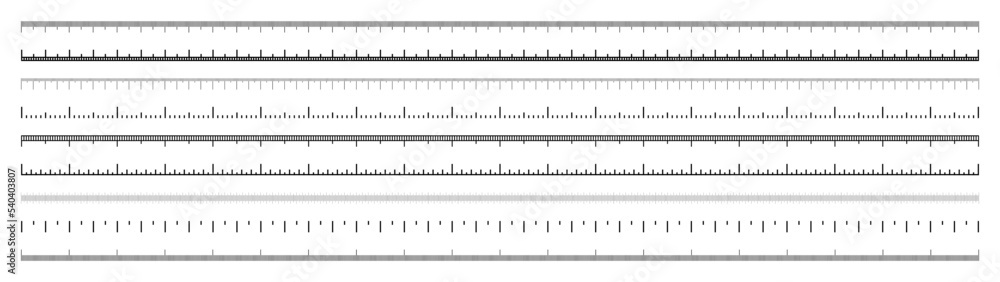 Various measurement scales with divisions. Realistic long scale for measuring length or height in centimeters, millimeters or inches. Ruler, tape measure marks, size indicators. Vector illustration Various measurement scales with divisions. Realistic long scale for measuring length or height in centimeters, millimeters or inches. Ruler, tape measure marks, size indicators. Vector illustration