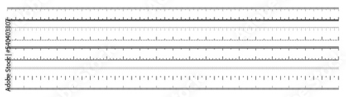 Various measurement scales with divisions. Realistic long scale for measuring length or height in centimeters, millimeters or inches. Ruler, tape measure marks, size indicators. Vector illustration