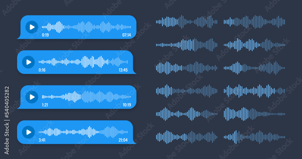 Voice, audio message, blue speech bubble. SMS text frame. Social media chat or messaging app conversation. Voice assistant, recorder. Sound wave pattern. Dark mode. Vector illustration Voice, audio message, blue speech bubble. SMS text frame. Social media chat or messaging app conversation. Voice assistant, recorder. Sound wave pattern. Dark mode. Vector illustration