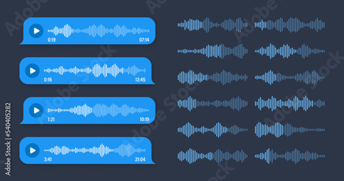 Voice, audio message, blue speech bubble. SMS text frame. Social media chat or messaging app conversation. Voice assistant, recorder. Sound wave pattern. Dark mode. Vector illustration