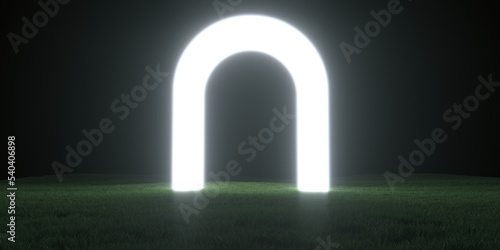 Abstract realistic 3d illustration. Creative modern surreal ambient panoramic background. Night landscape with grass field and neon light circle form, arc, portal or gate. Minimal fantasy art render.