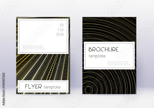 Stylish cover design template set. Gold abstract lines on black background. Favorable cover design. Artistic catalog, poster, book template etc.