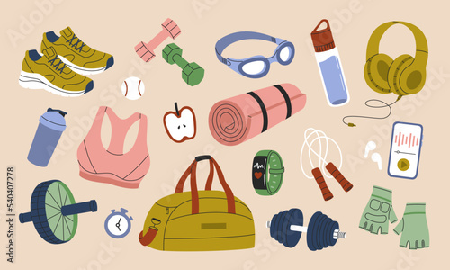 Set of sport equipment. Sport bag, yoga mat, sneakers, goggles, jump rope, dumbbells, fitness tracker, ab roller. Healthy lifestyle. Hand drawn vector illustration isolated on background. Flat style