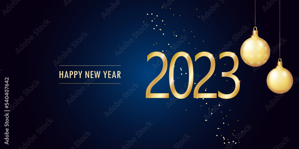 Happy new year 2022. Numbers with golden Christmas decoration on dark blue background.