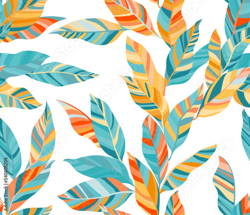 Striped leaves tree branches vector seamless pattern summer fasion textile pr...