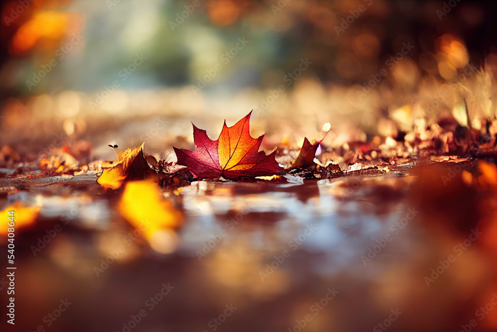 Fall leaf background in the sunshine, close-up of an autumn nature scene in a forest in golden October with copy space