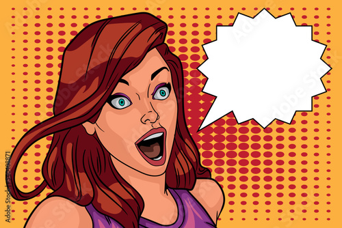 Hand drawn pop art illustration of surprised young woman looking forward in surprise