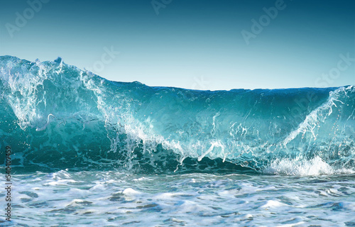 Beauty of marine nature  strength and power of the water element in form of a large turquoise sea wave crashing on shore.