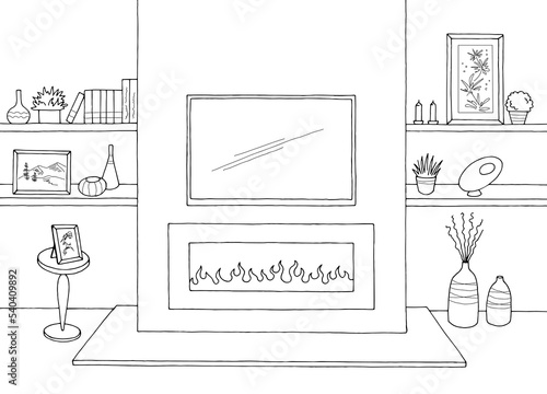 Living room graphic black white interior sketch illustration vector 