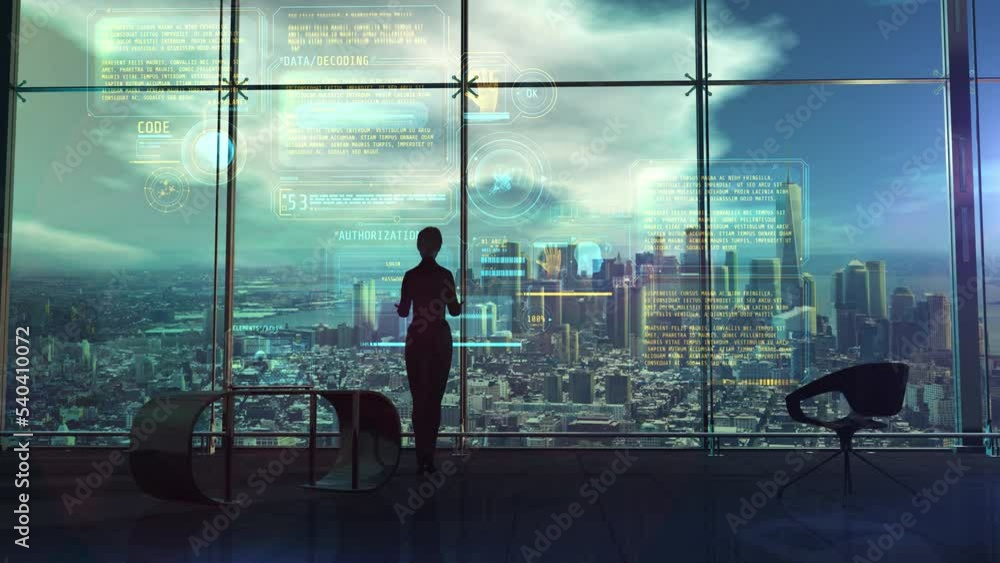 Female silhouette in the office in front of a holographic projection, 3D render. Female silhouette in the office in front of a holographic projection, 3D render.