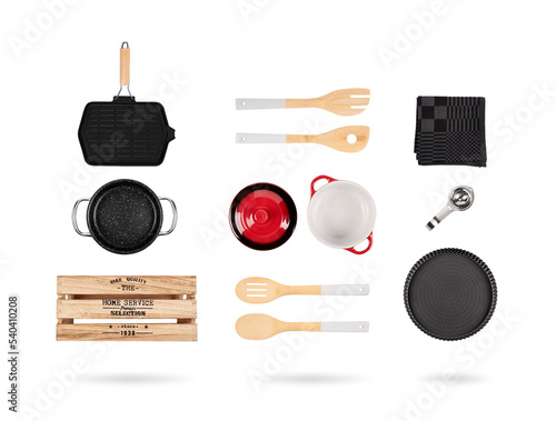 Cooking set. White background. Appliances and utensils. Isolated. Casserole dish, griddle, kitchen towel, cake tin. Precision cut and impeccable finish that allows the addition of colored backgrounds.