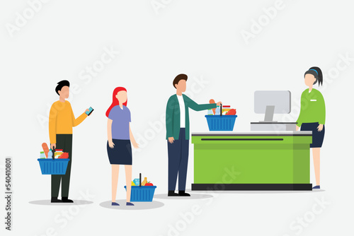 Customers standing in line at supermarket 2d vector illustration concept for banner, website, illustration, landing page, flyer, etc.