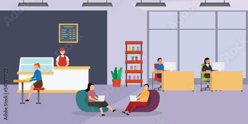 Woman and Man Working and Drinking Coffee 2d vector illustration concept for banner, website, illustration, landing page, flyer, etc.