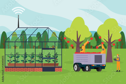 Farmers use tablets to harvest apple in a farm 2d vector illustration concept for banner, website, illustration, landing page, flyer, etc.