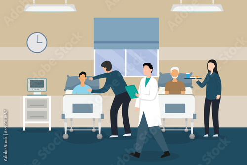 Doctors visiting patients in ward 2d vector illustration concept for banner, website, illustration, landing page, flyer, etc.