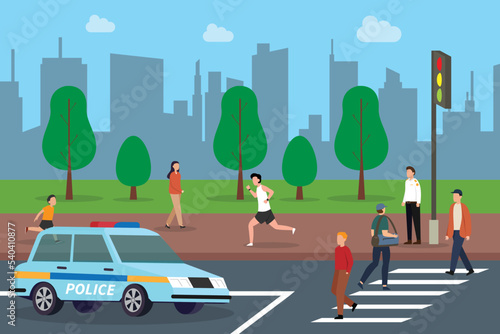 Pedestrian  with police car in busy city street 2d vector illustration concept for banner, website, illustration, landing page, flyer, etc.