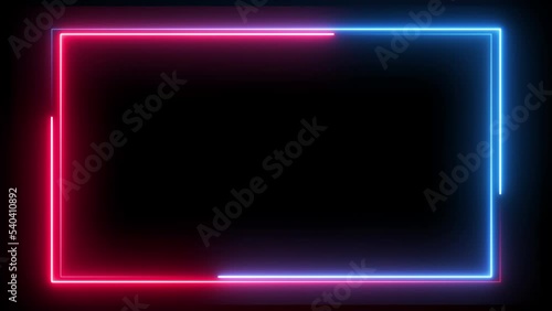 Inverted Direction Spinning neon frame animation. Loop of double rectangle with glowing pink and blue neon colors.