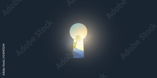 Hope, Curiosity, Dreaming or New Idea Concept - Key Hole Shaped Exit on Dark Blue Wall, Sun Light, Palm Tree, Sea, Tropical Island Outside - Template for Business, Vector Design in Editable Format