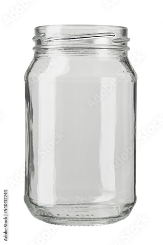 Open empty glass jar for food and canned food. Isolated on white background. File contains clipping path.