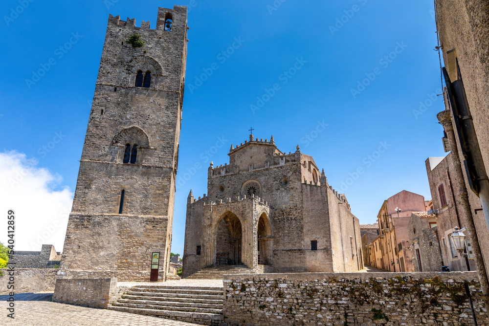 Erice, Sicily, Italy - July 10, 2020: Cathedral of Erice, Santa Maria Assunta, Chiesa Madre (Matrice or main church) in Erice, province of Trapani. Sicily, Italy