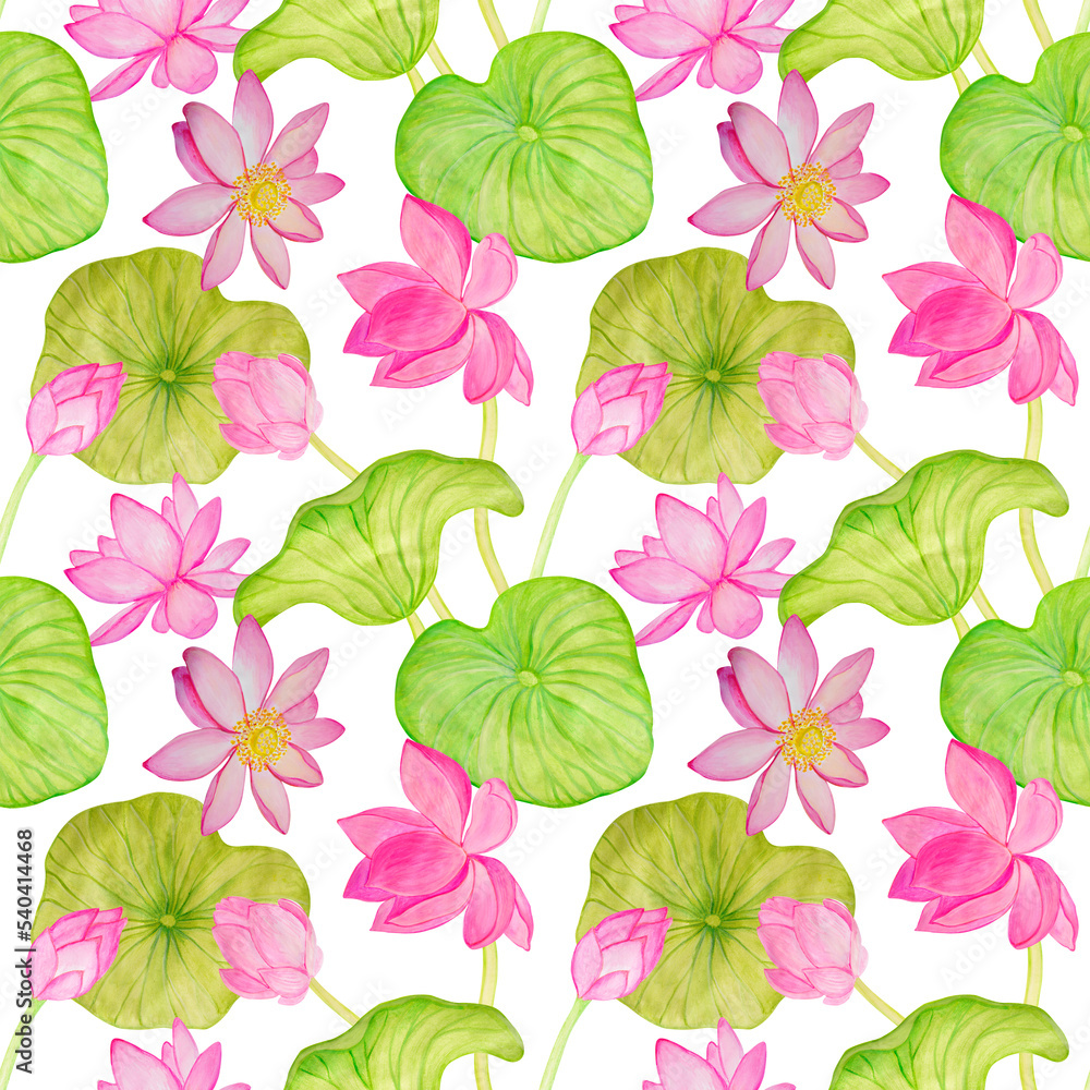 Seamless pattern with pink lotus flowers and green leaves painted in watercolor on a white background.