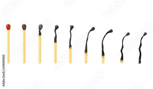 Burnt wooden matches set on a white background. Burnt matches and a whole match. Varying degrees of erosion. Wooden new and burnt, charred matchsticks. Symbol of ignition