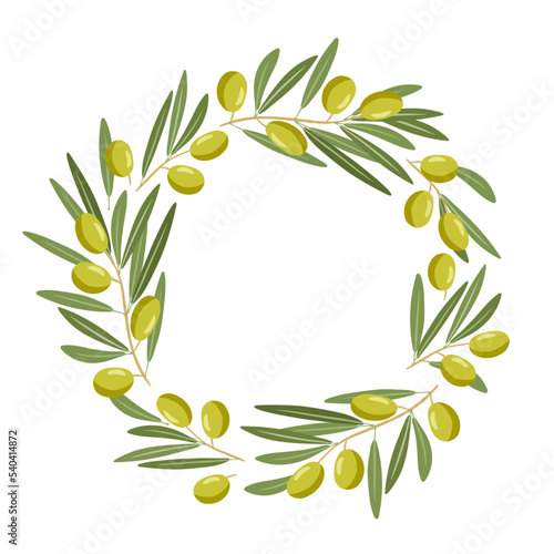 Vector flat olives wreath for Mediterranean or vegan diet. Olive twigs, berries round frame. Healthy food, natural organic cosmetics illustration for invitations, labels and advertisements, packaging.