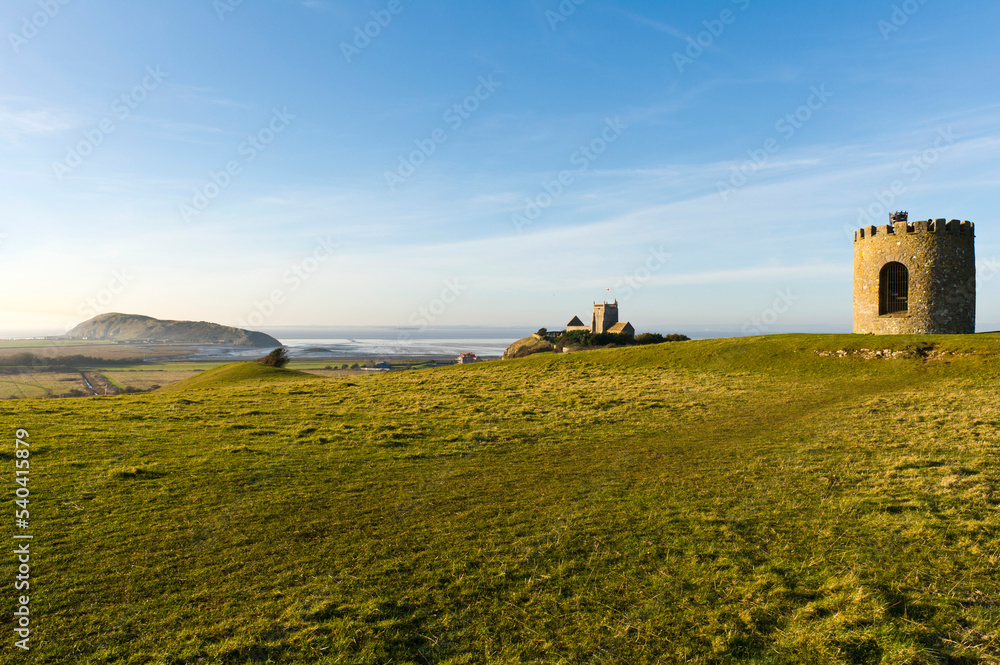 Old windmill, St Nicholas Church and Brean Down, Uphill, Weston-Super-Mare, Somerset Old windmill, St Nicholas Church and Brean Down, Uphill, Weston-Super-Mare, Somerset