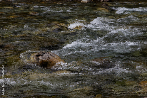 a large stone lies in the middle of a clear mountain river. The river bends around the stones creating river foam
