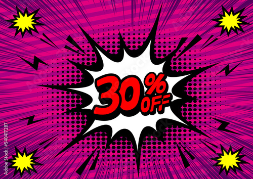 30Percent OFF Discount on a Comics style bang shape background. Pop art comic discount promotion banners.	