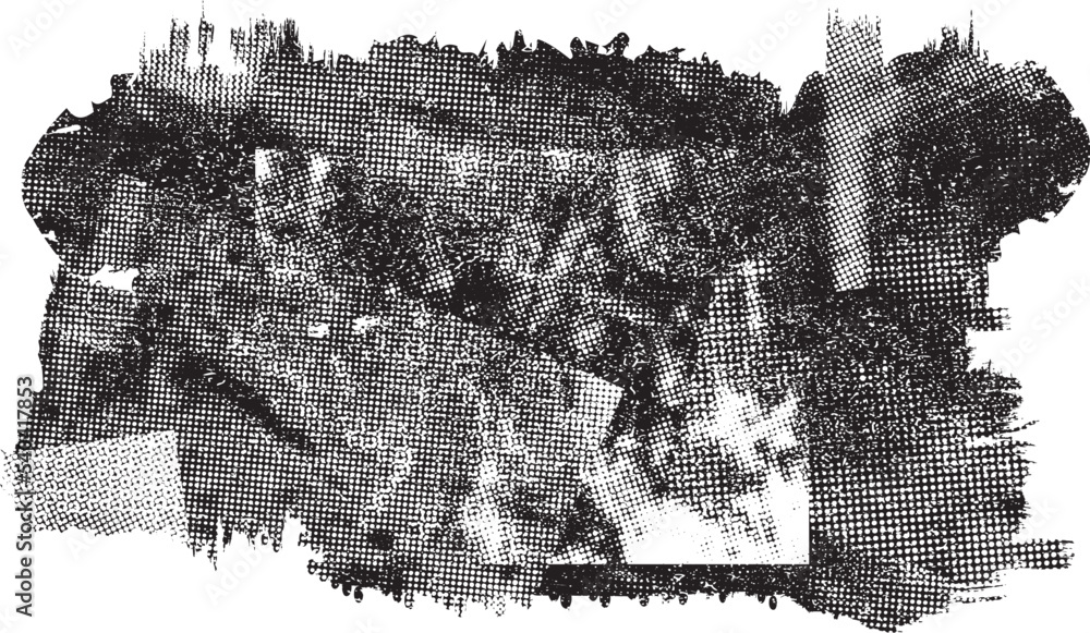 Naklejka premium Glitch distorted grungy isolated banner . Design element for brochure, social media, posters, flyers. Overlay texture.Textured banner with Distress effect .Vector halftone dots . Screen print texture