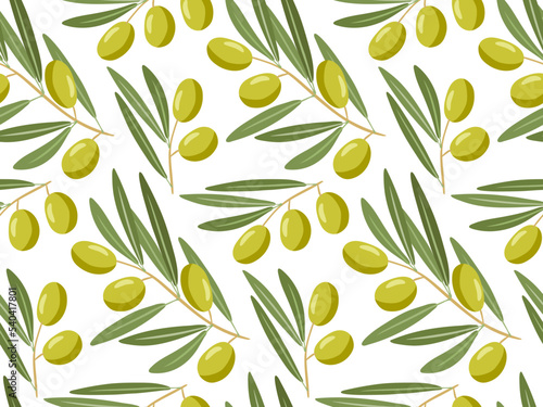 Vector seamless pattern with green olive tree branches. Repeated Flat vector illustration with fruits for natural organic cosmetics, soap, wrapping paper, wallpaper, textile, olive oil, scrapbooking