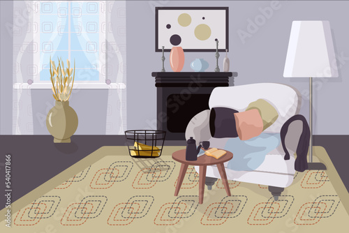 Cute and cozy vector interior of a room with a fireplace, an armchair, a floor lamp, books in the style of Hugge.