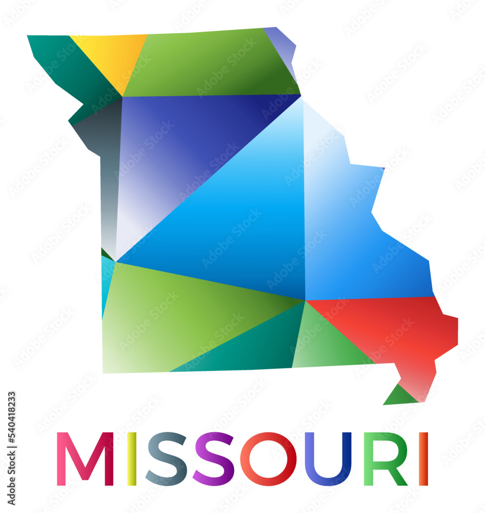 Obraz premium Bright colored Missouri shape. Multicolor geometric style US state logo. Modern trendy design. Stylish vector illustration.